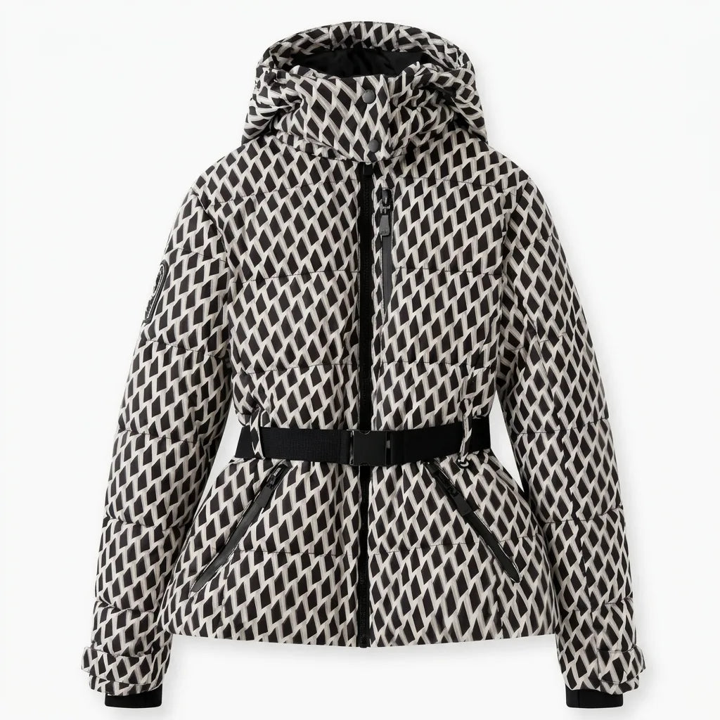 Front view of black and cream diamond-print puffer jacket with belted waist and zip chest pocket