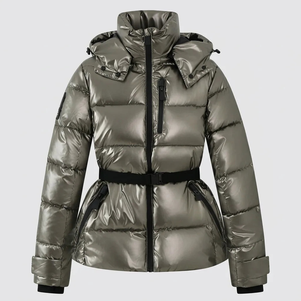Front view of metallic gunmetal puffer jacket with high collar, belted waist and detachable hood