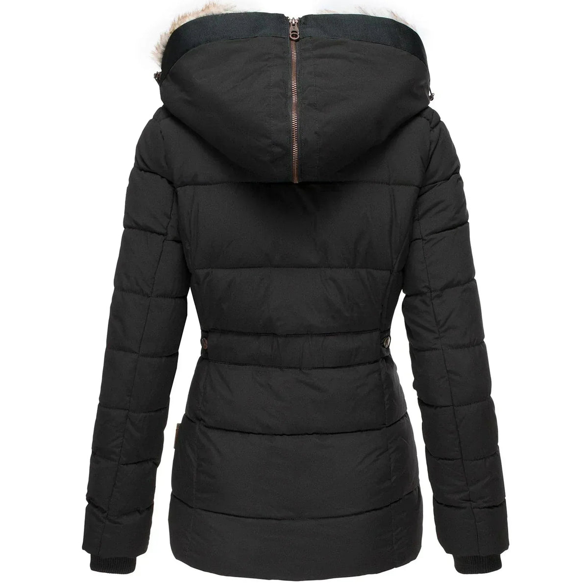 Back view of black quilted parka showing fitted waist tabs and fur trimmed hood with rear zip fastening