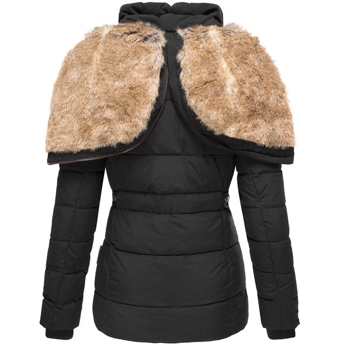 Close-up back view of black jacket with detachable faux fur hood collar shown folded open over the shoulders