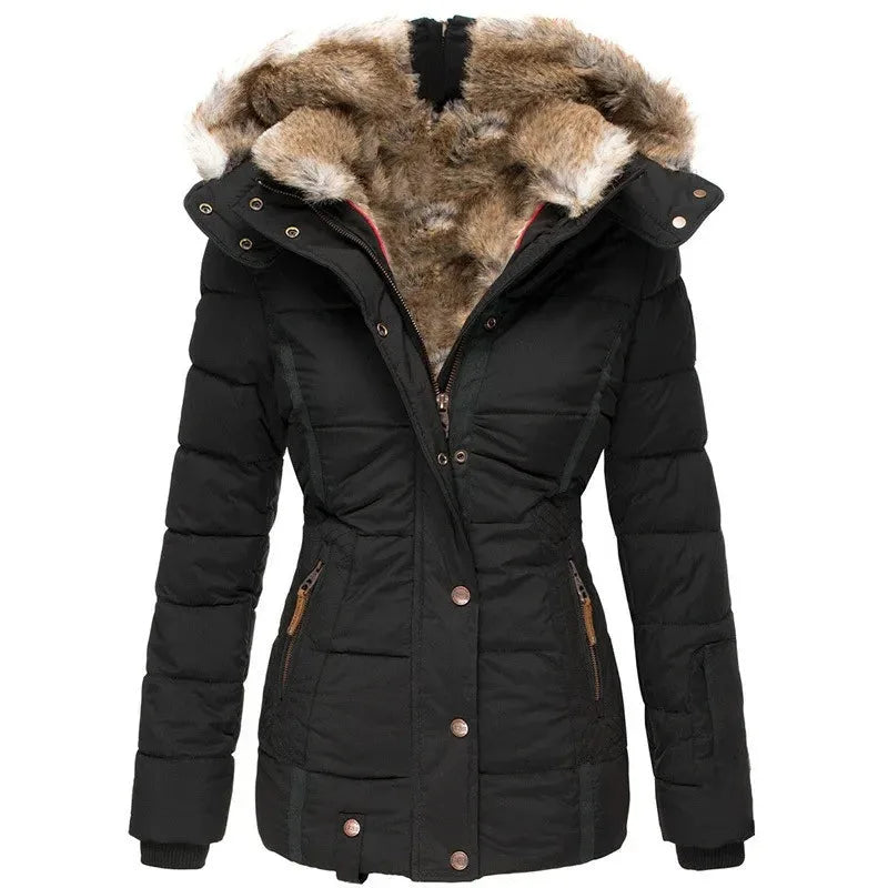 Front view of black quilted parka with fur lined hood, snap buttons, side zip pockets and cinched waist