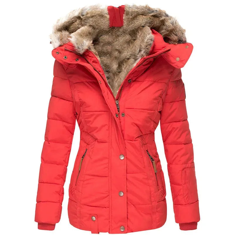 Front view of red quilted parka with tan faux fur hood trim, bronze zip and press stud fastenings