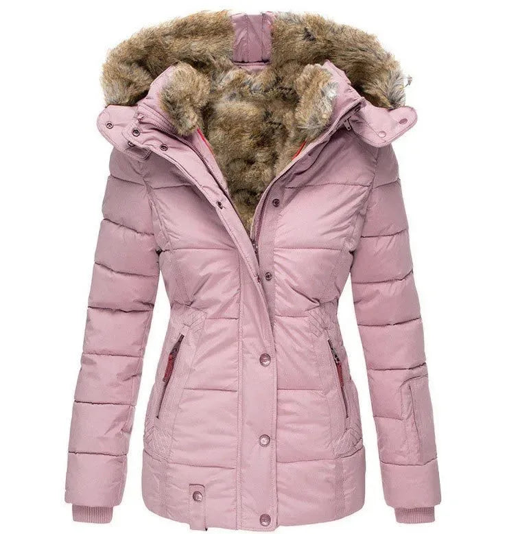 Front view of pink quilted parka with tan faux fur hood, zip pockets and fitted waist detailing