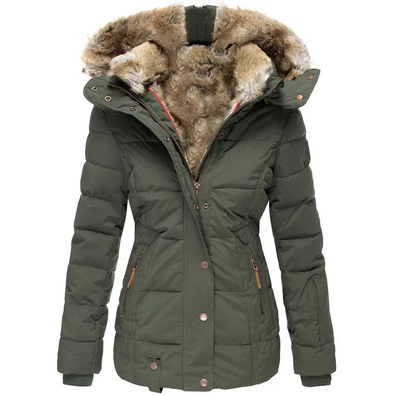Front view of khaki green quilted parka with tan faux fur hood, snap buttons and drawcord waist