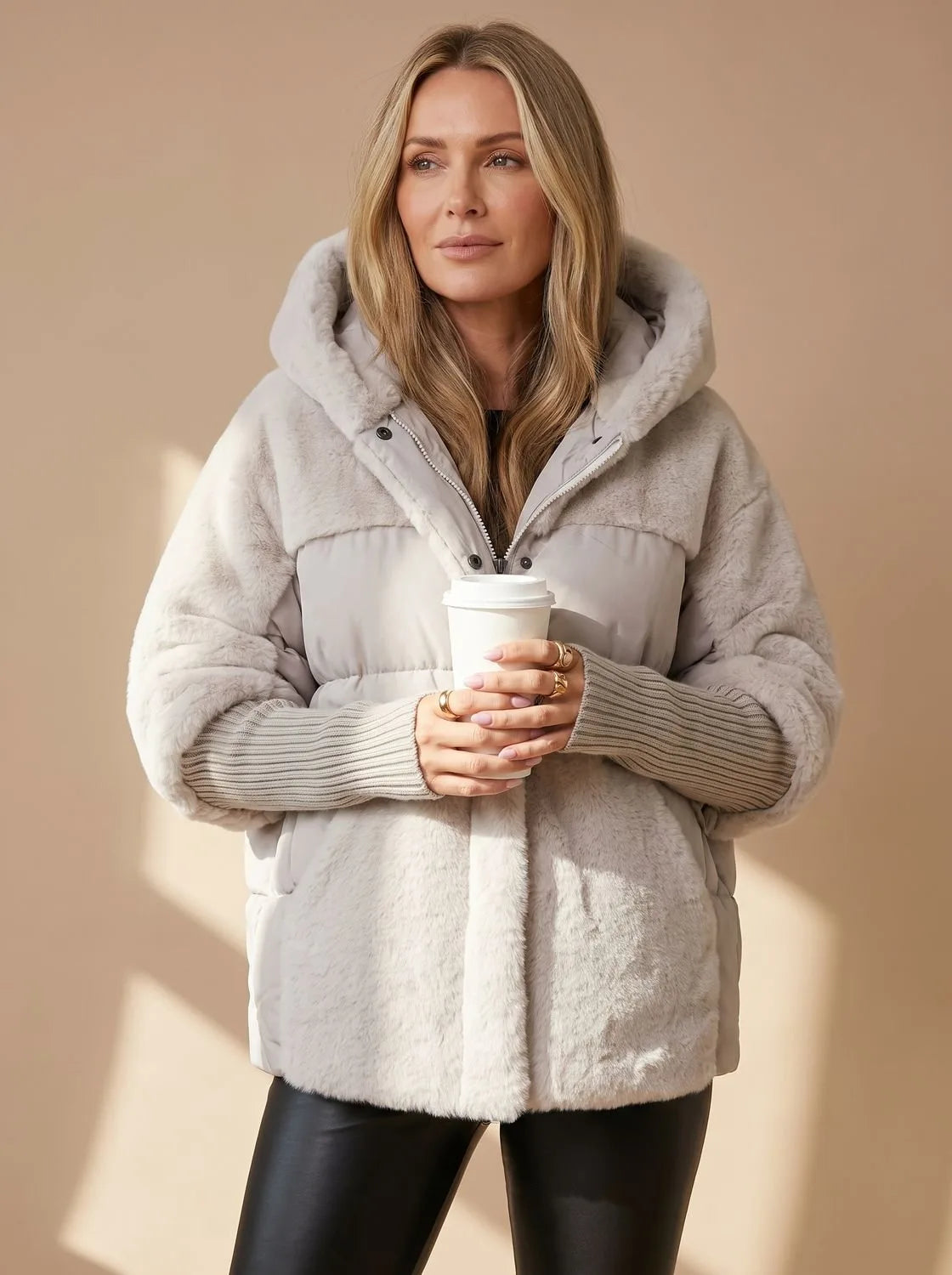 Front view of woman wearing a grey faux fur puffer jacket with hood up, holding a coffee cup, ribbed knit cuffs visible