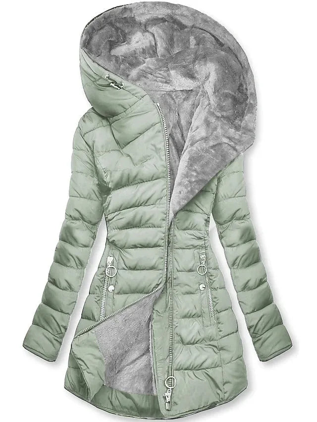Sage green quilted longline winter coat with oversized hood and grey faux fur lining, front zip closure