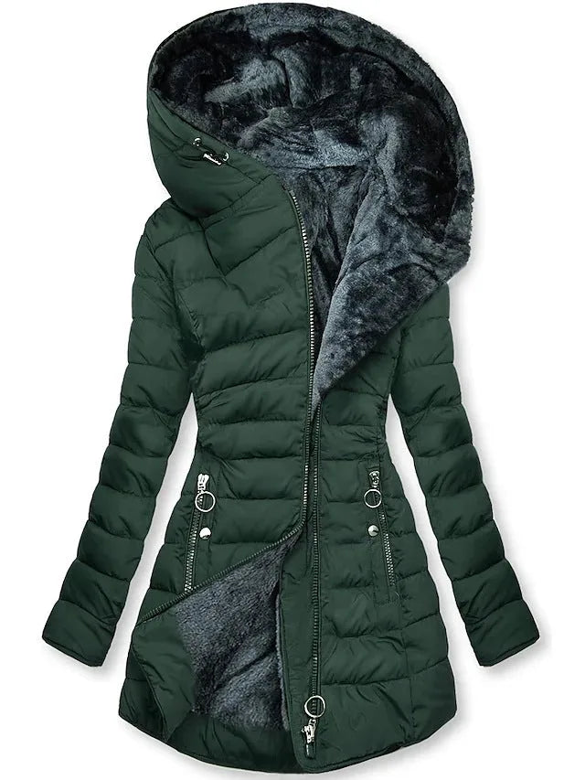 Dark green quilted hooded coat worn open, showing grey faux fur inner lining and ribbed waist detail