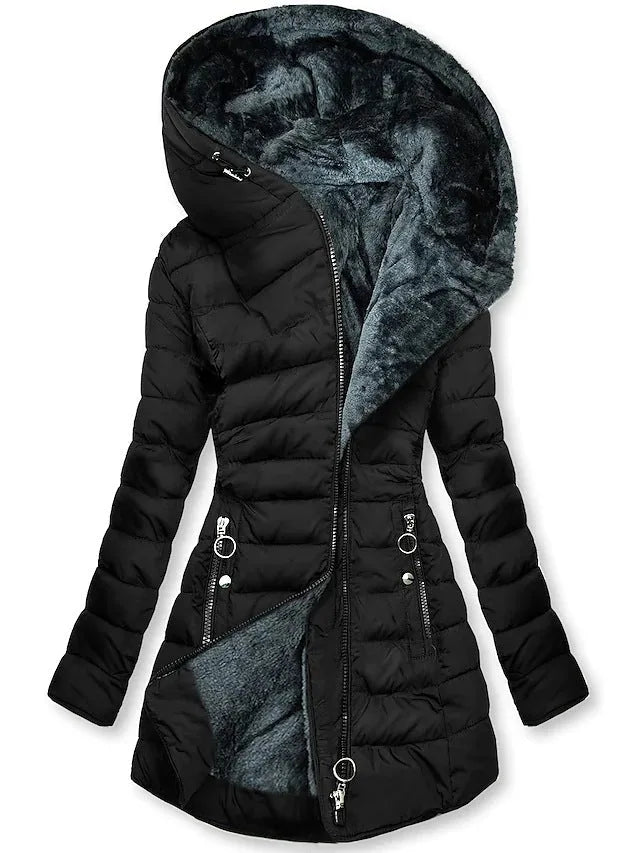 Black quilted longline puffer coat with large hood, grey faux fur trim and twin zip pockets