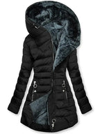 Black quilted longline puffer coat with large hood, grey faux fur trim and twin zip pockets