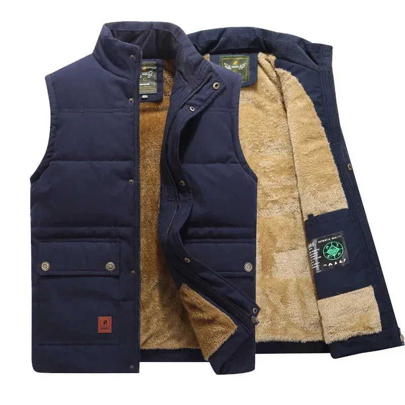 Navy quilted body warmer shown open and closed, revealing the thick tan fleece lining and stand collar