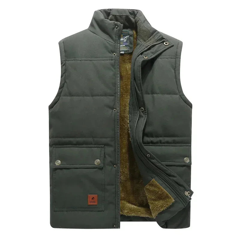 Olive green quilted body warmer with front snap fastening, stand collar and patch pocket on the chest