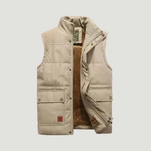 Beige quilted body warmer laid flat and open, showing the soft fleece interior and front pocket flaps