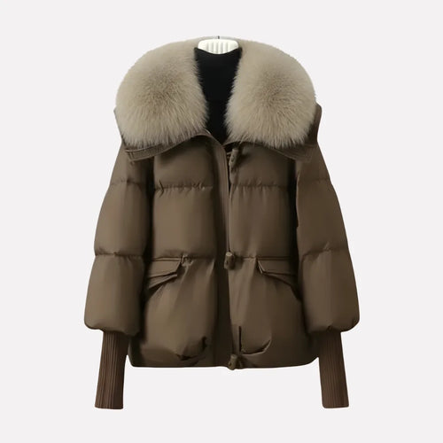 Front view of brown quilted puffer jacket with oversized cream faux fur collar and ribbed cuffs