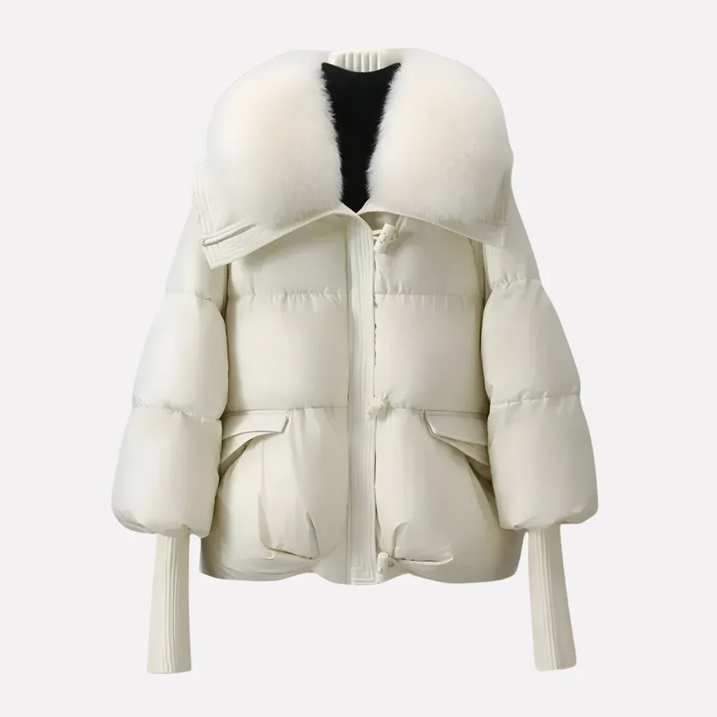 Cream white puffer jacket with matching detachable fur collar, front zip and ribbed hem detail