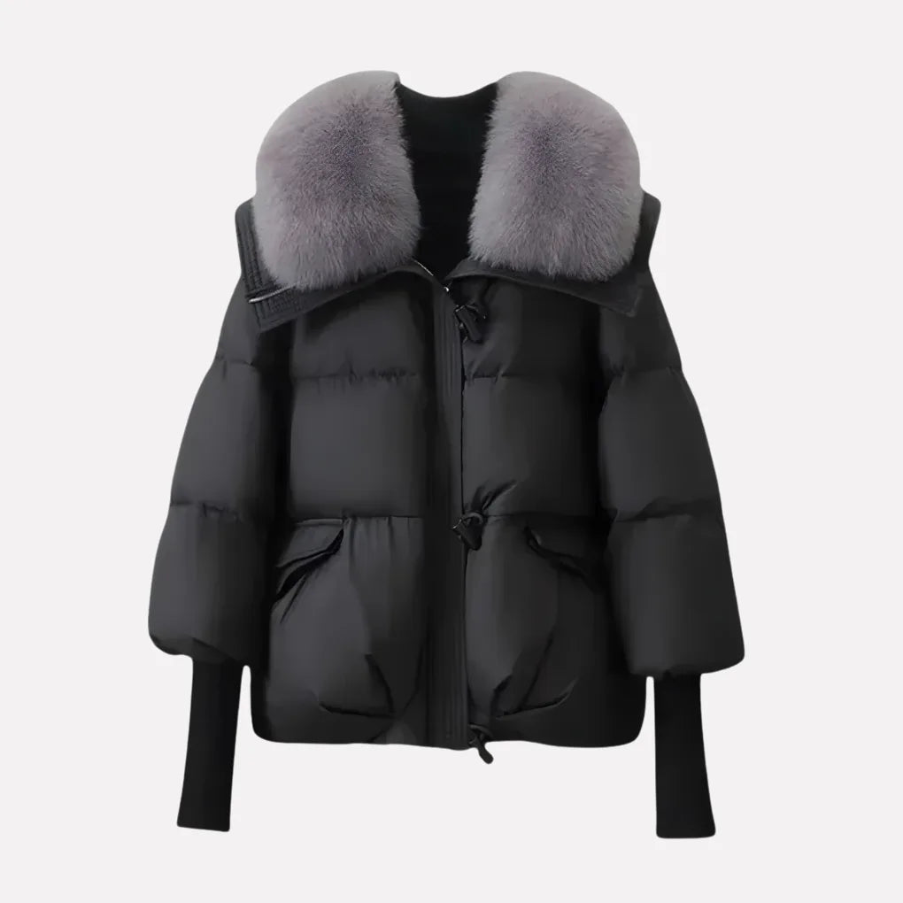 Black quilted puffer jacket with contrasting grey faux fur collar and side flap pockets