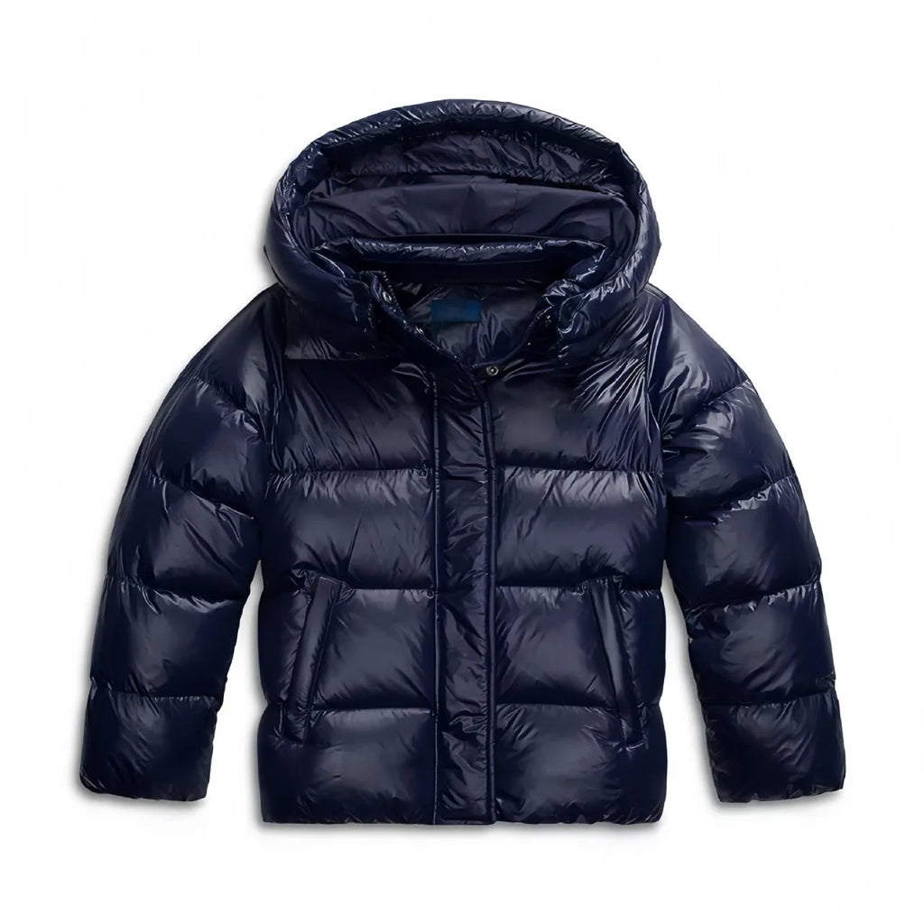 Front view of a navy quilted puffer jacket with a full hood, zip closure and side pockets