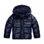 Front view of a navy quilted puffer jacket with a full hood, zip closure and side pockets