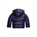 Back view of the navy puffer jacket showing the hood laid flat and horizontal quilted panels