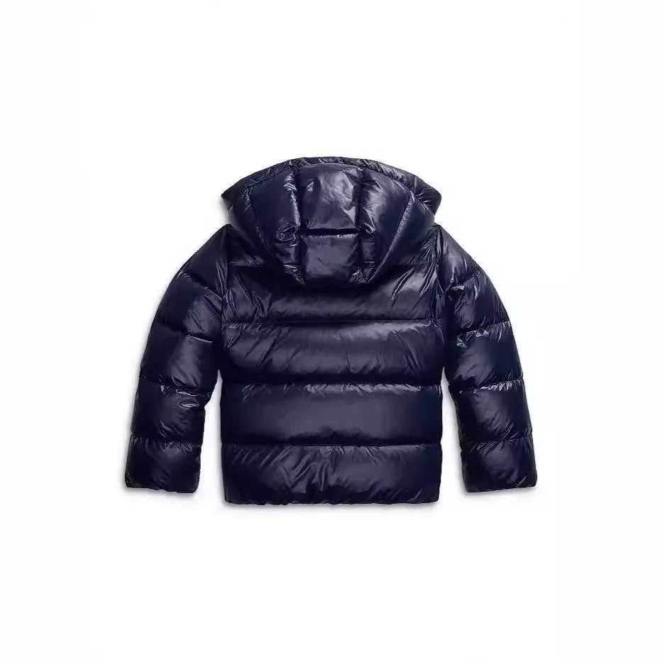 Back view of the navy puffer jacket showing the hood laid flat and horizontal quilted panels