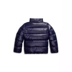 Back view of the navy puffer jacket with the hood folded down into a stand collar