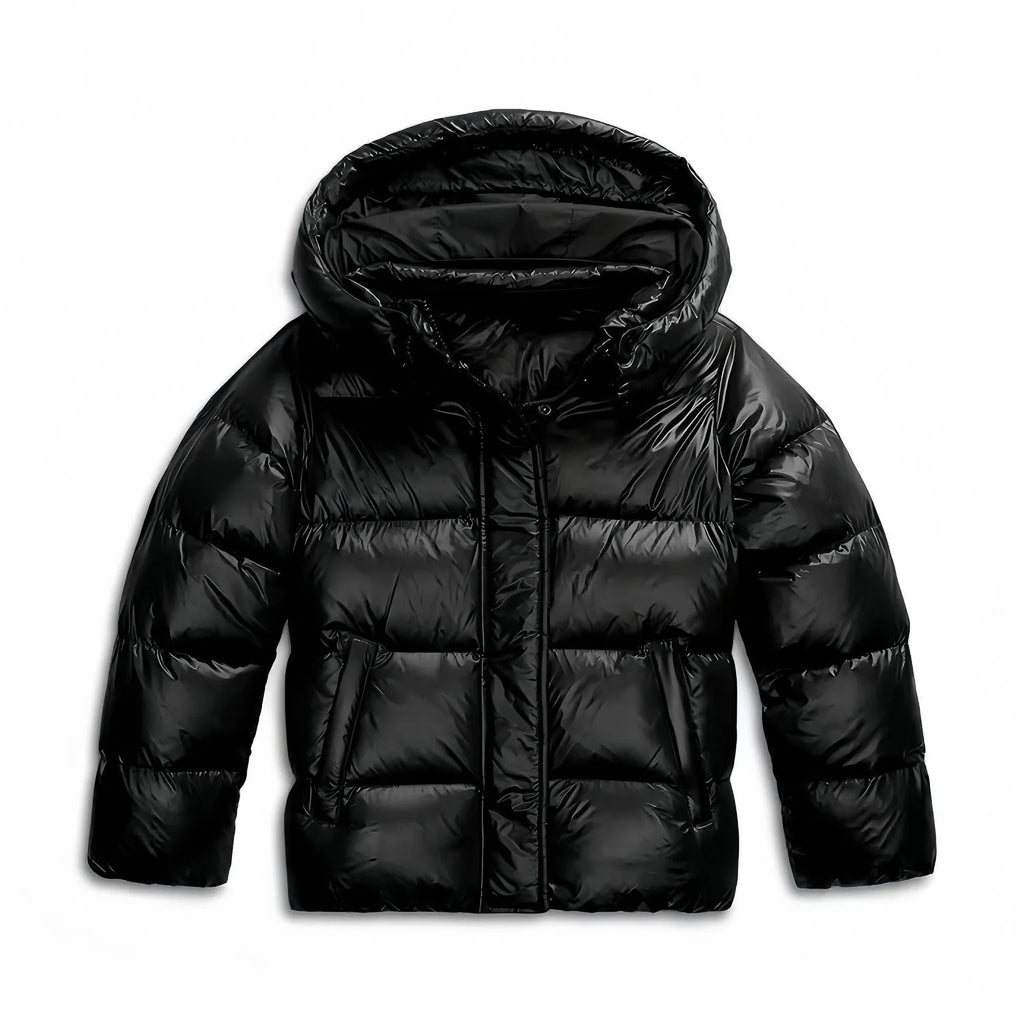 Front view of a black quilted puffer jacket with a full hood, zip closure and slanted side pockets