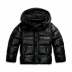 Front view of a black quilted puffer jacket with a full hood, zip closure and slanted side pockets