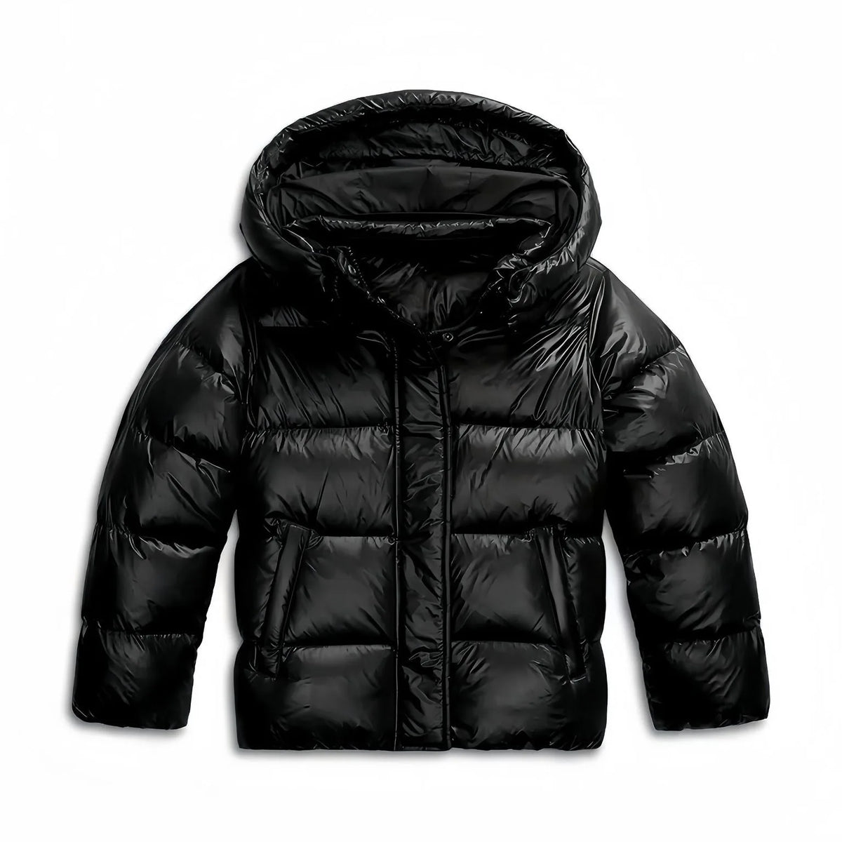 Front view of a black quilted puffer jacket with a full hood, zip closure and slanted side pockets