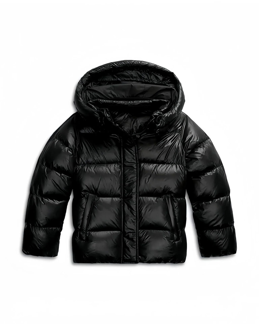 Close-up front view of the black puffer jacket highlighting the glossy quilted fabric and hood shape
