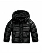 Close-up front view of the black puffer jacket highlighting the glossy quilted fabric and hood shape