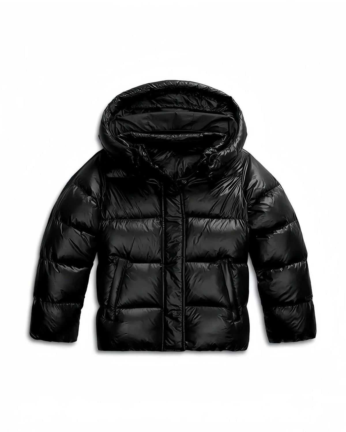 Close-up front view of the black puffer jacket highlighting the glossy quilted fabric and hood shape