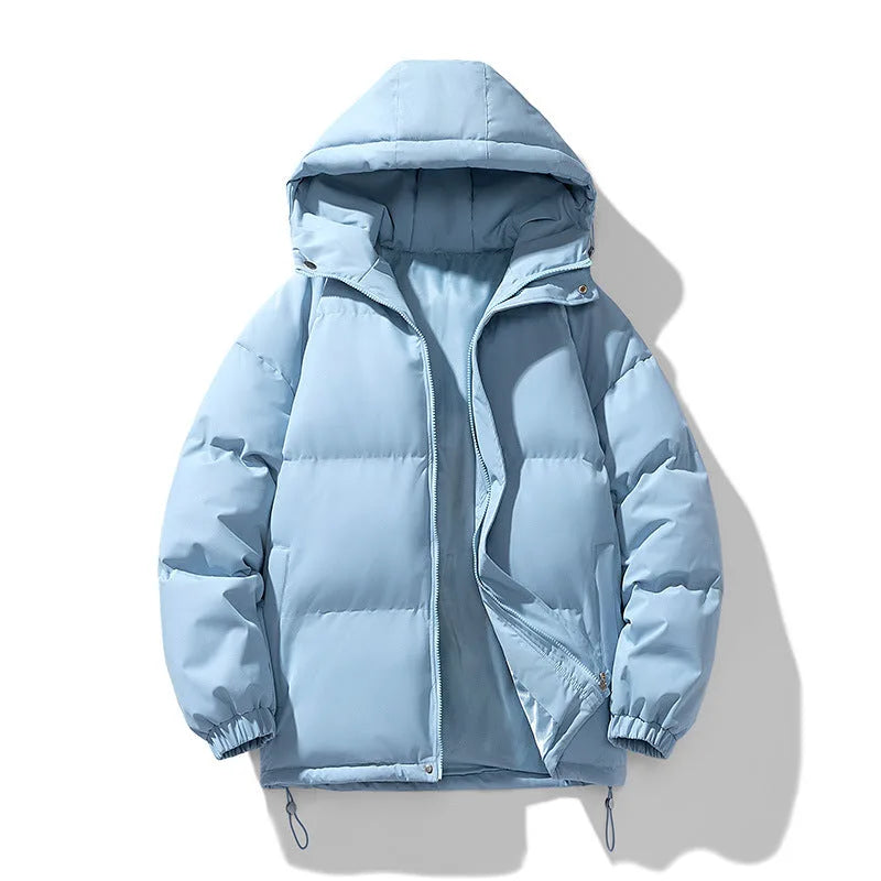 Light blue quilted puffer jacket laid flat, unzipped, showing hood and drawstring hem