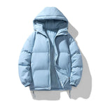 Light blue quilted puffer jacket laid flat, unzipped, showing hood and drawstring hem