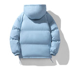 Back view of the light blue puffer jacket showing horizontal quilted panels and attached hood