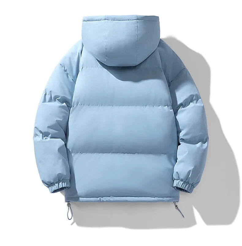 Back view of the light blue puffer jacket showing horizontal quilted panels and attached hood