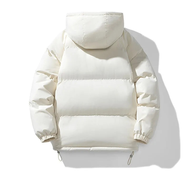 Back view of an ivory puffer jacket with quilted panels and a soft, structured hood