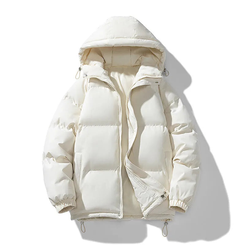 Ivory puffer jacket laid flat and unzipped, showing hood, zip and drawstring hem details