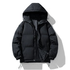 Black puffer jacket laid flat, unzipped, showing hood, snap buttons and elasticated cuffs