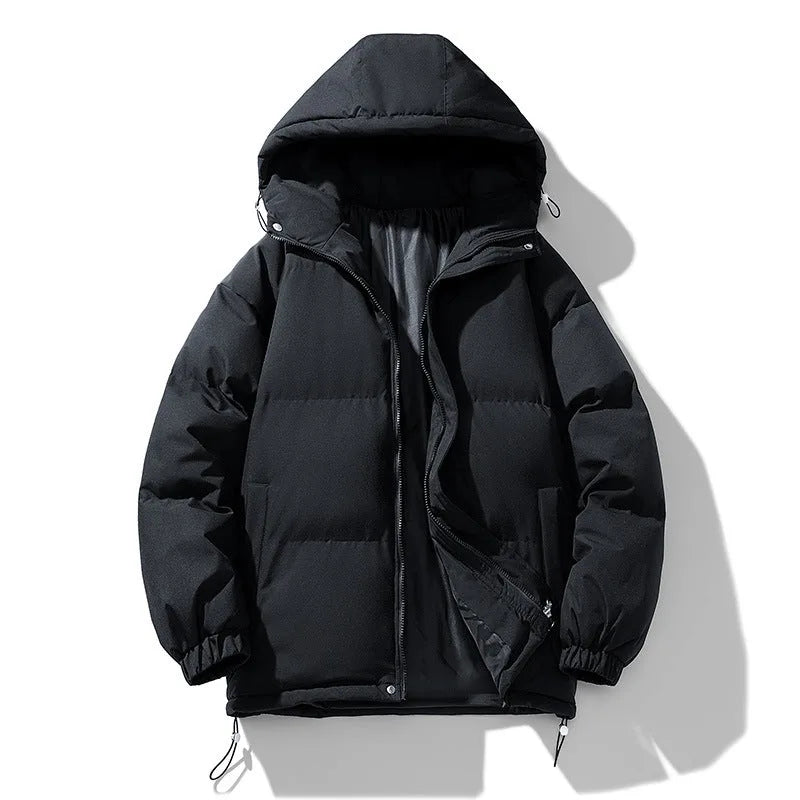 Black puffer jacket laid flat, unzipped, showing hood, snap buttons and elasticated cuffs