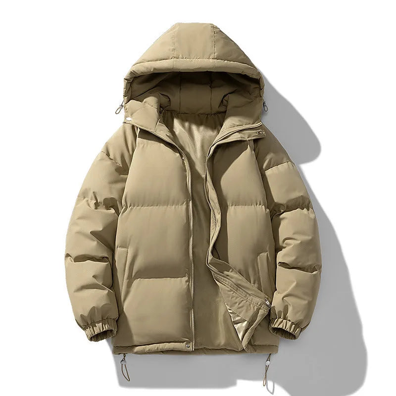 Khaki puffer jacket laid flat, unzipped, showing quilted panels, hood and zip pull