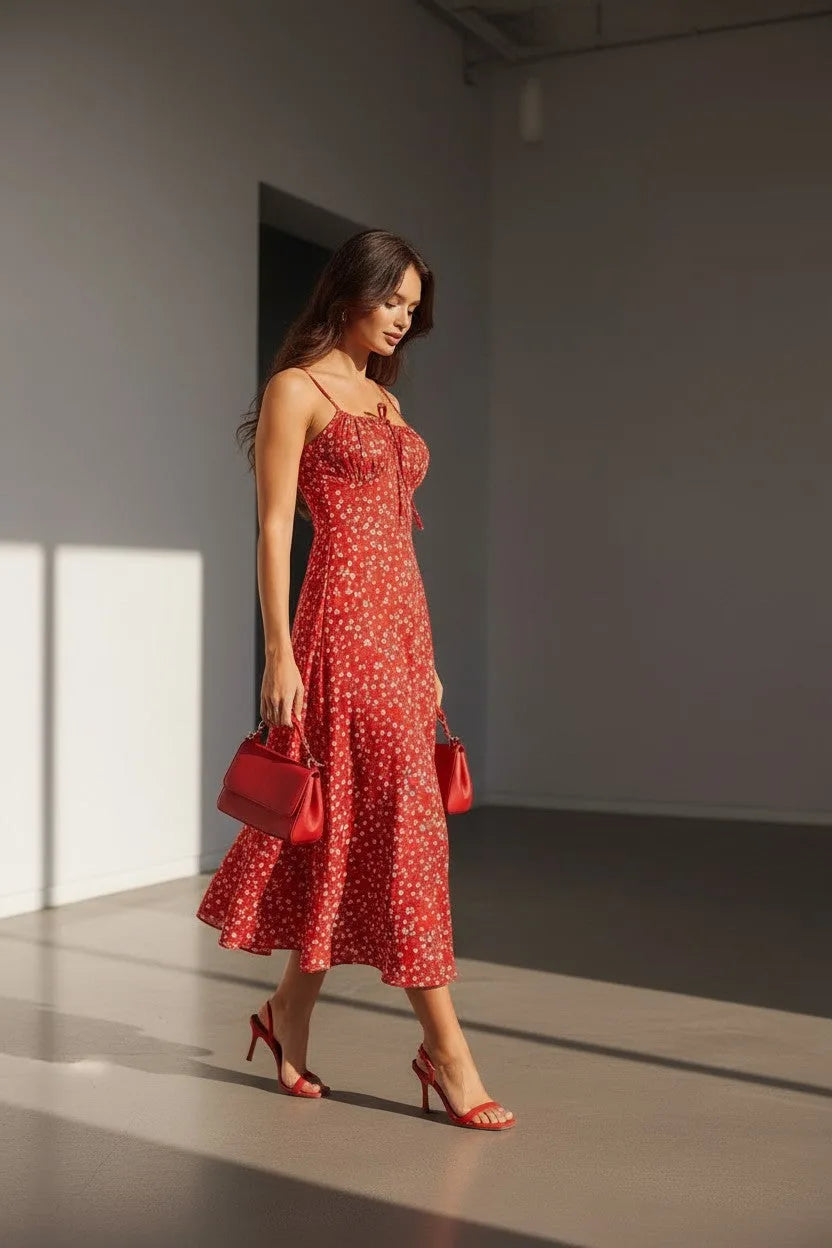 Woman walking outdoors in the red floral midi dress, holding a red handbag, showing the dress in motion