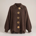 Oversized ribbed-knit cardigan in dark brown with five round gold-tone buttons and a wide collar, front view