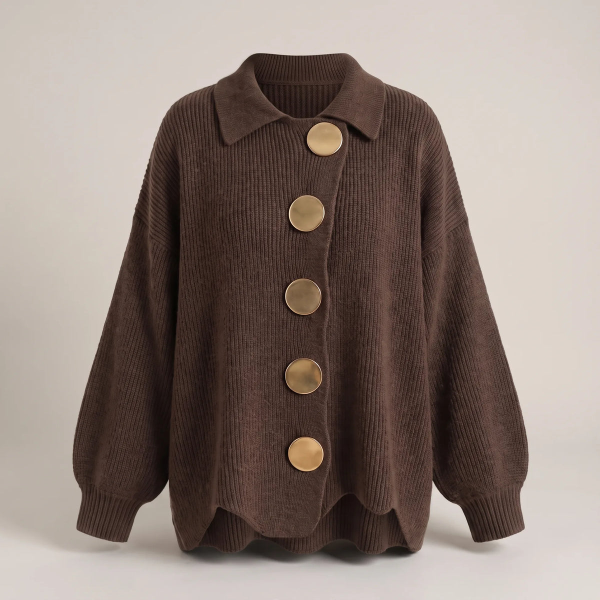 Oversized ribbed-knit cardigan in dark brown with five round gold-tone buttons and a wide collar, front view