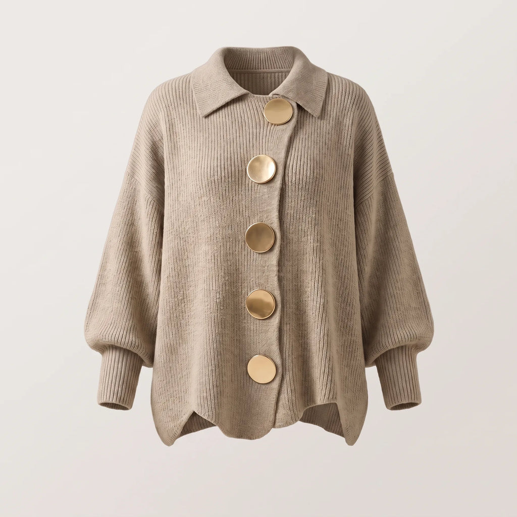 Beige ribbed button-front cardigan with oversized gold buttons and batwing sleeves, full front view