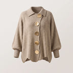 Beige ribbed button-front cardigan with oversized gold buttons and batwing sleeves, full front view