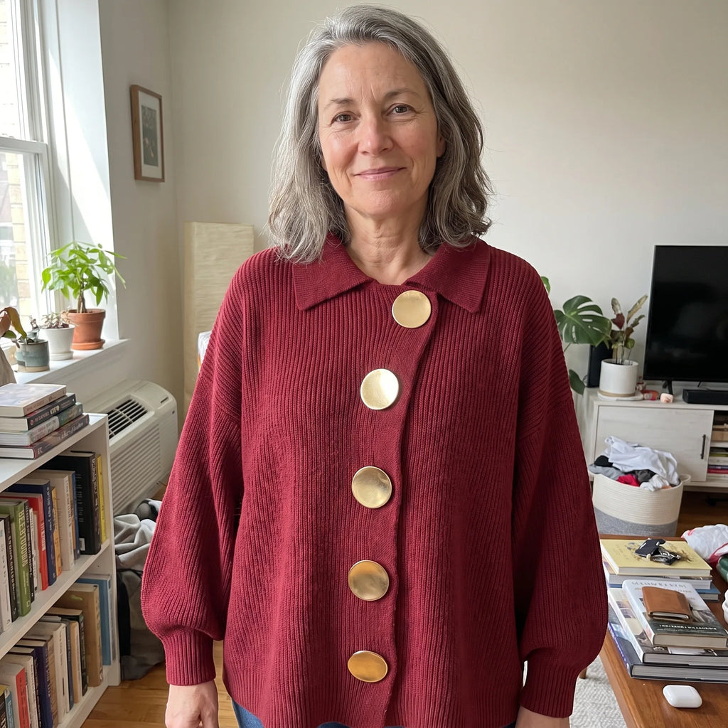 Woman wearing a burgundy ribbed cardigan with gold-tone buttons while standing in a cosy living room