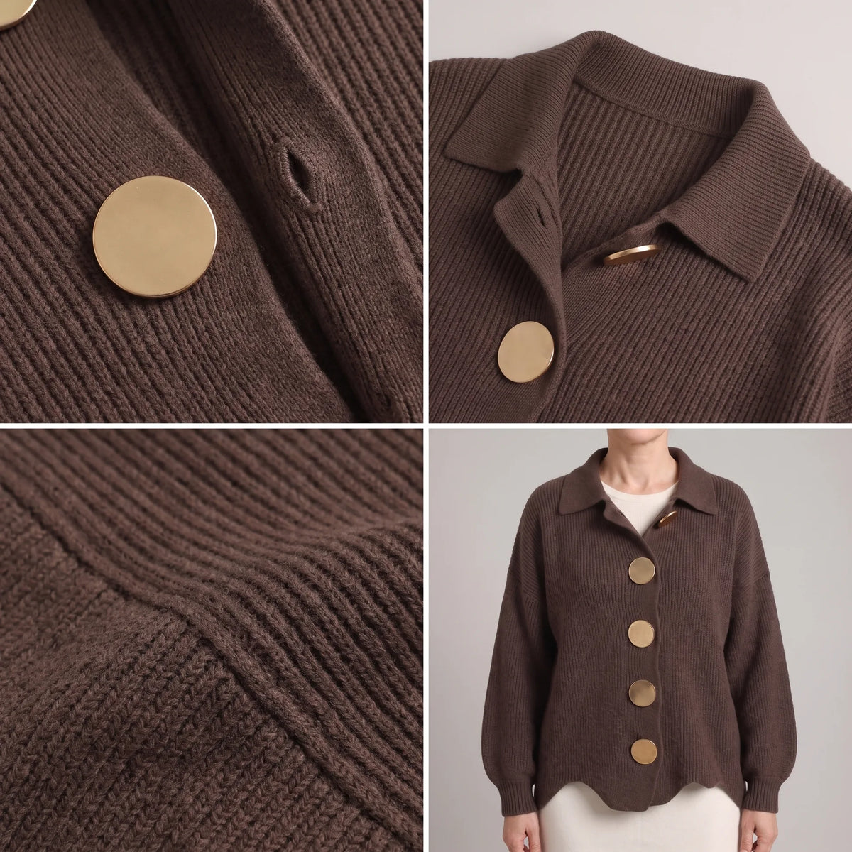 Close-up grid of a dark brown cardigan showing the ribbed knit texture, collar detail and oversized button