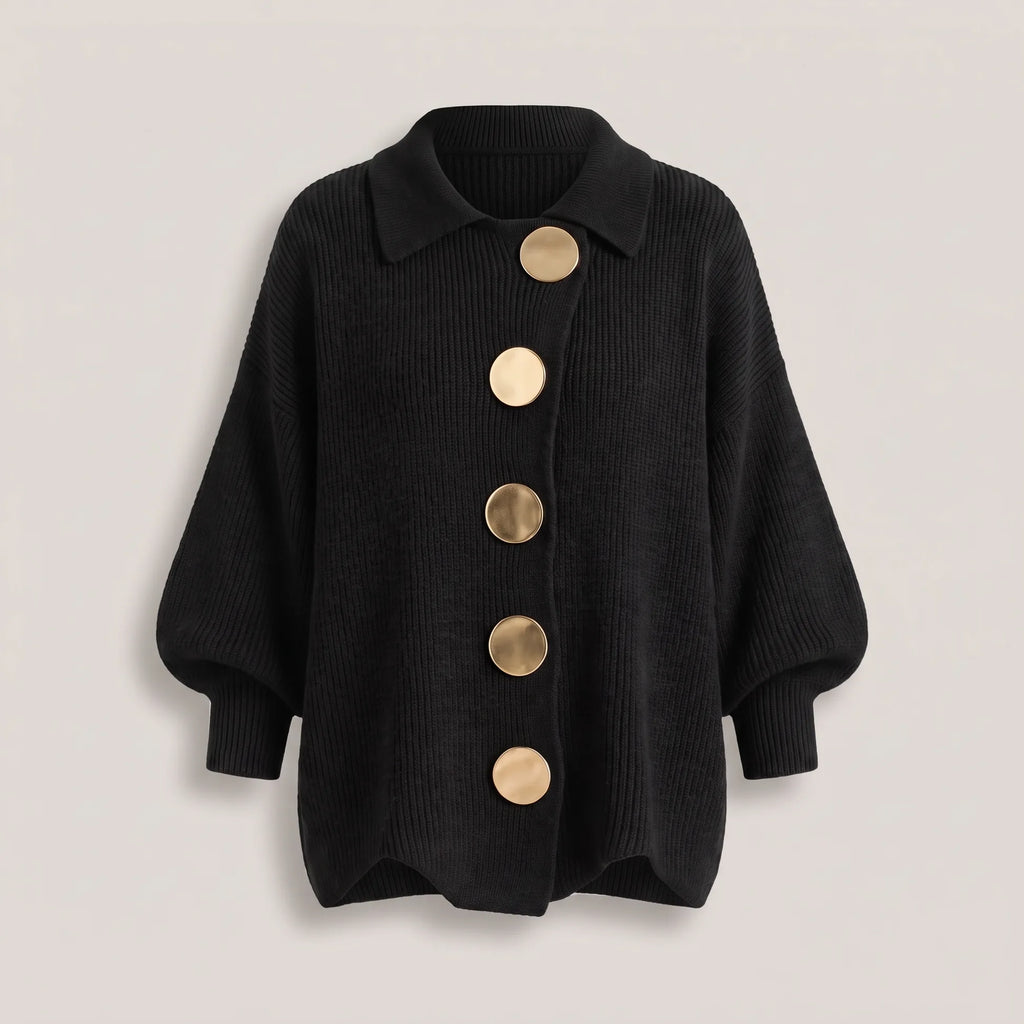 Black ribbed-knit cardigan with gold-tone button-front closure and a dropped shoulder, front view on plain background
