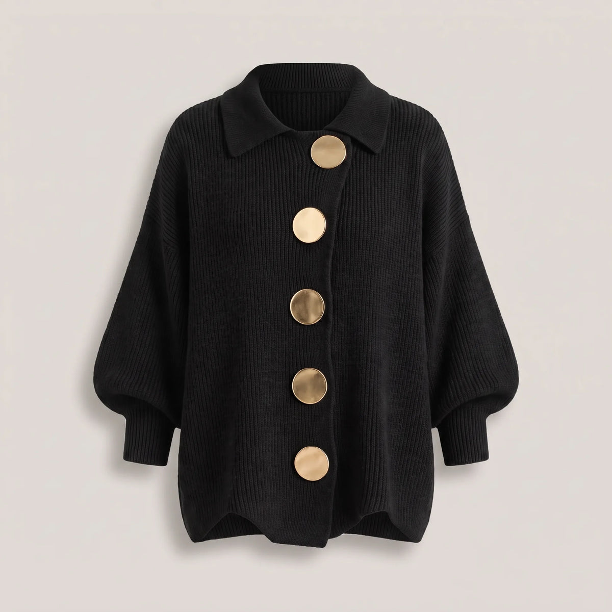 Black ribbed-knit cardigan with gold-tone button-front closure and a dropped shoulder, front view on plain background