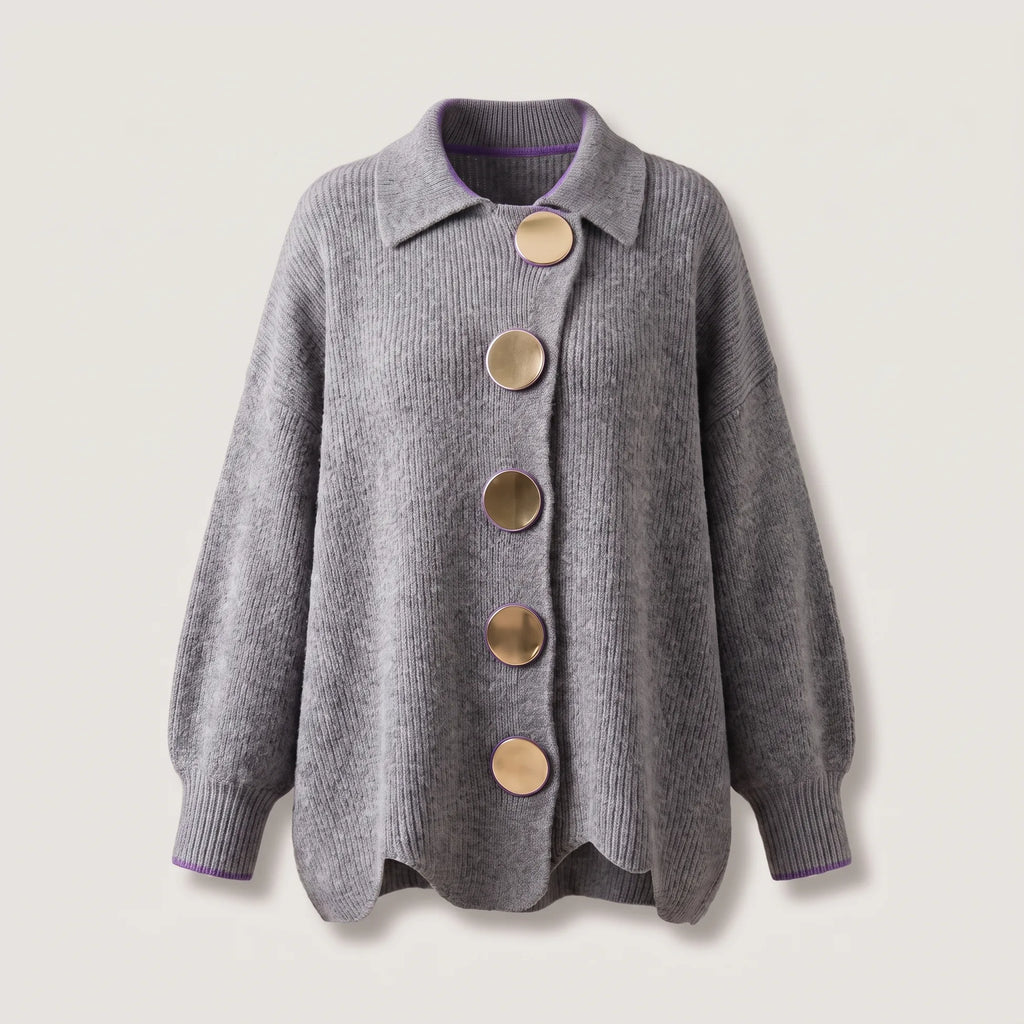 Grey marled knit cardigan with contrast purple trim at the collar and cuffs, oversized gold buttons, front view