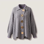 Grey marled knit cardigan with contrast purple trim at the collar and cuffs, oversized gold buttons, front view